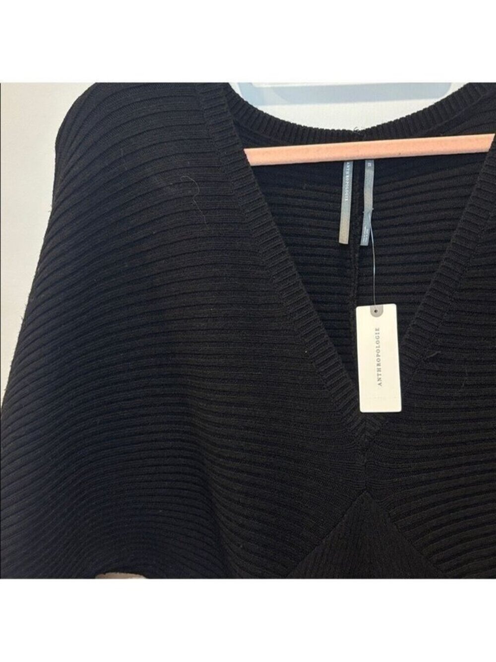 Anthropologie Black Ribbed Knit Sweater Midi Dress Flutter Sleeve Small NWT 0598 - Picture 3 of 9